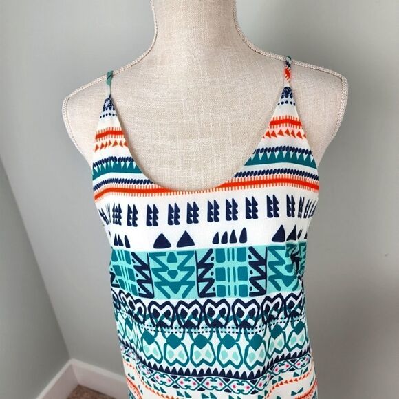 JOY JOY WOMEN'S PULL OVER SPAGETTI STRAPS AZTEC PRINT LINED DRESS SIZE SMALL - Picture 2 of 6